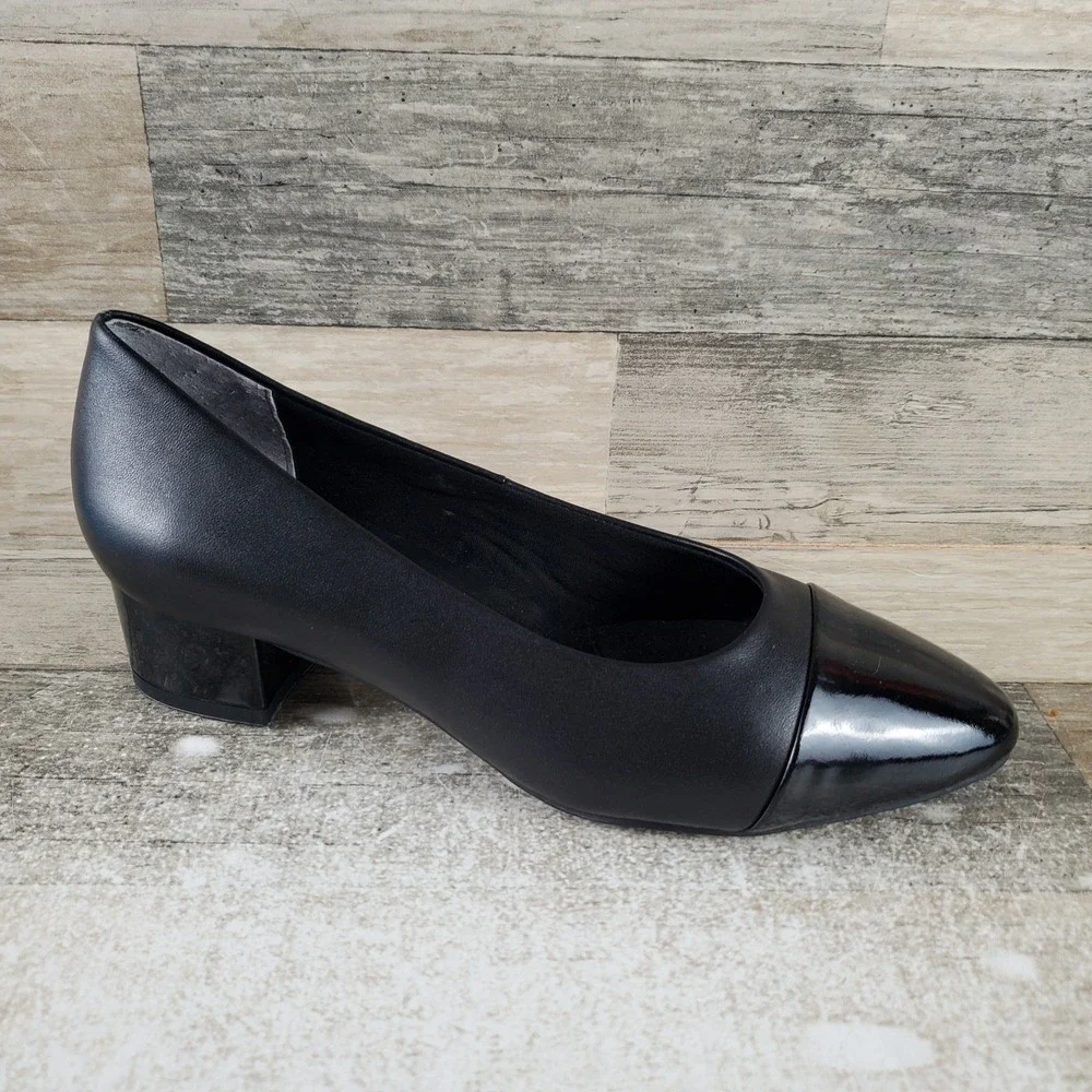 David Tate Colette Womens Pumps Sz 8 W Black Leather Cap Toe Slip-On Block Heel
